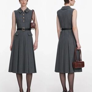 NWOT Self-Portrait Gray Sleeveless Pleated Dress with Belt, Size US 0/2/4/6/8